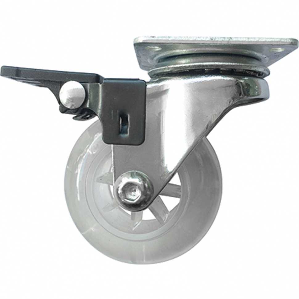 Колесо ПУ прозрачное поворотное с тормозом d-50 мм, крепление платформенное Сибртех Колеса промышленные фото, изображение